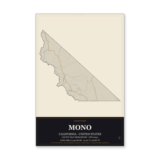 Mono County, California Map Aluminum Sign in Museum Plaque style