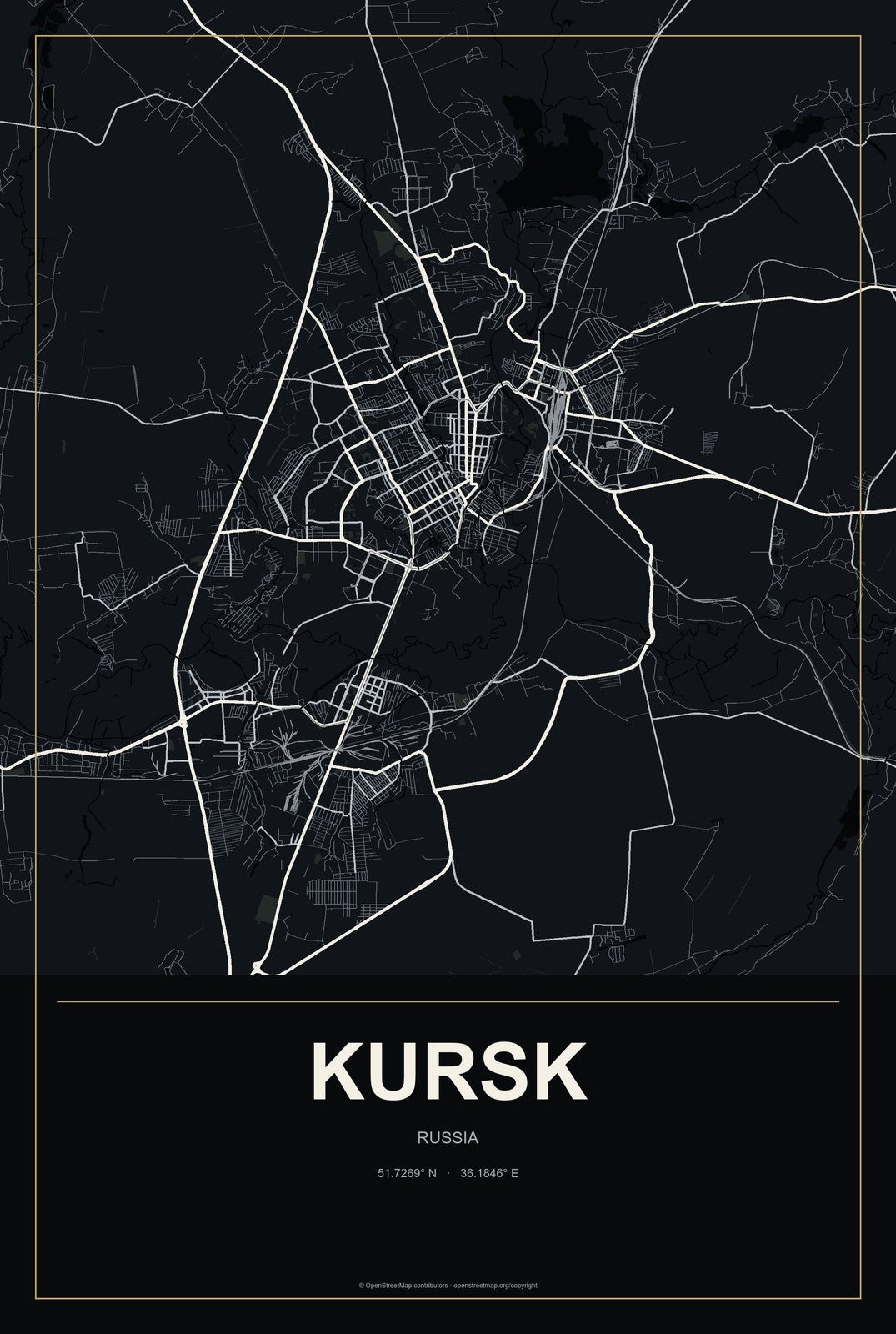 Kursk, Russia City Map Aluminum Sign in Metropolitan Noir style