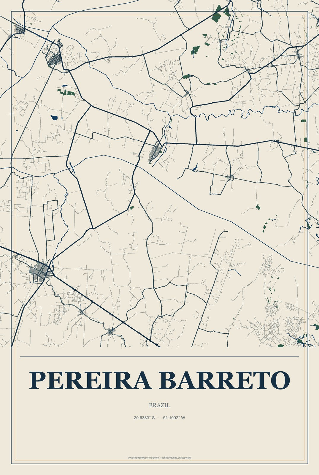 Pereira Barreto, Brazil City Map Aluminum Sign in Coastal Cutout style