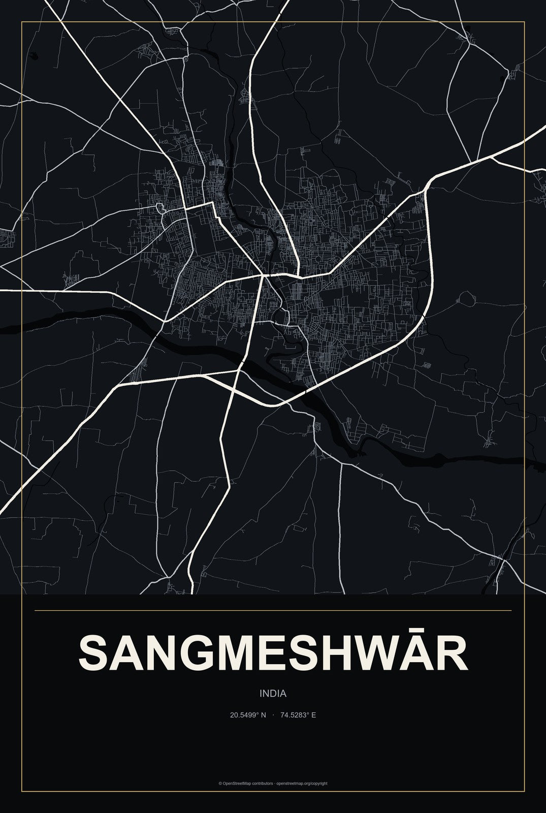 Sangmeshwār, India City Map Aluminum Sign in Metropolitan Noir style