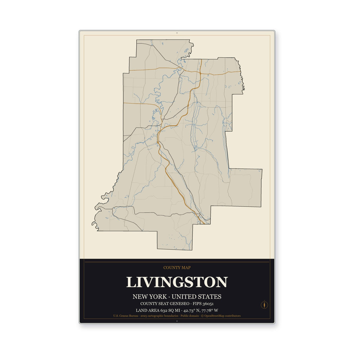 Livingston County, New York Map Aluminum Sign in Museum Plaque style