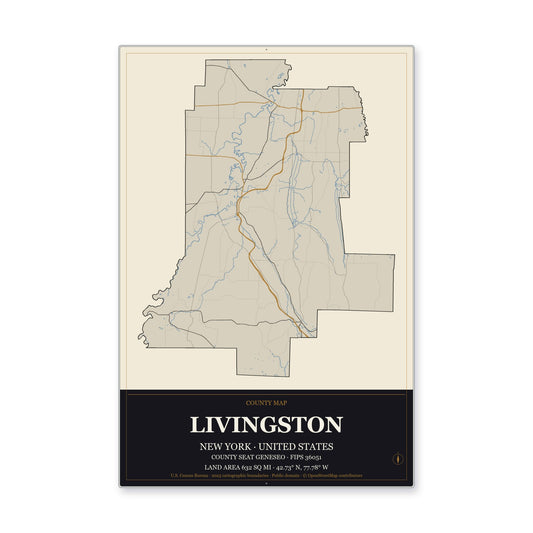 Livingston County, New York Map Aluminum Sign in Museum Plaque style