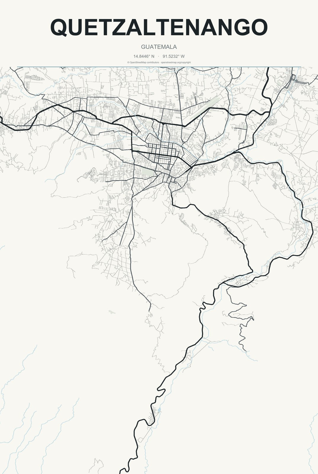 Quetzaltenango, Guatemala City Map Aluminum Sign in Headline Atlas style