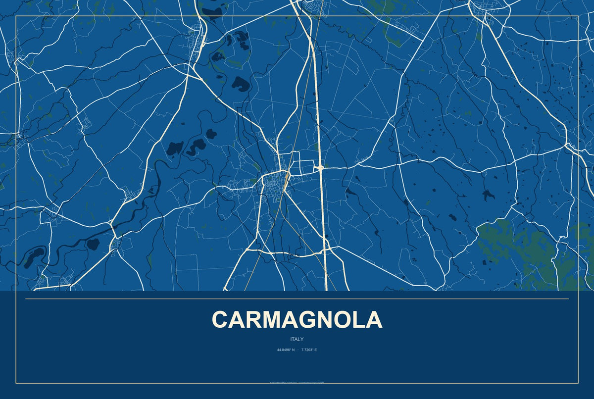 Carmagnola, Italy City Map Aluminum Sign in Harbor Cobalt style