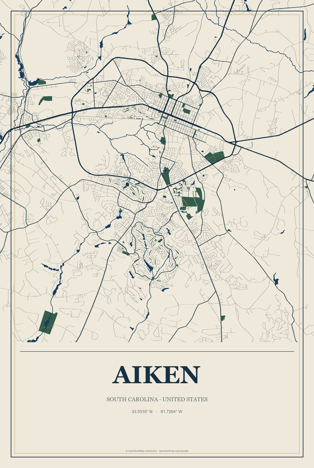 Aiken, South Carolina City Map Aluminum Sign in Coastal Cutout style