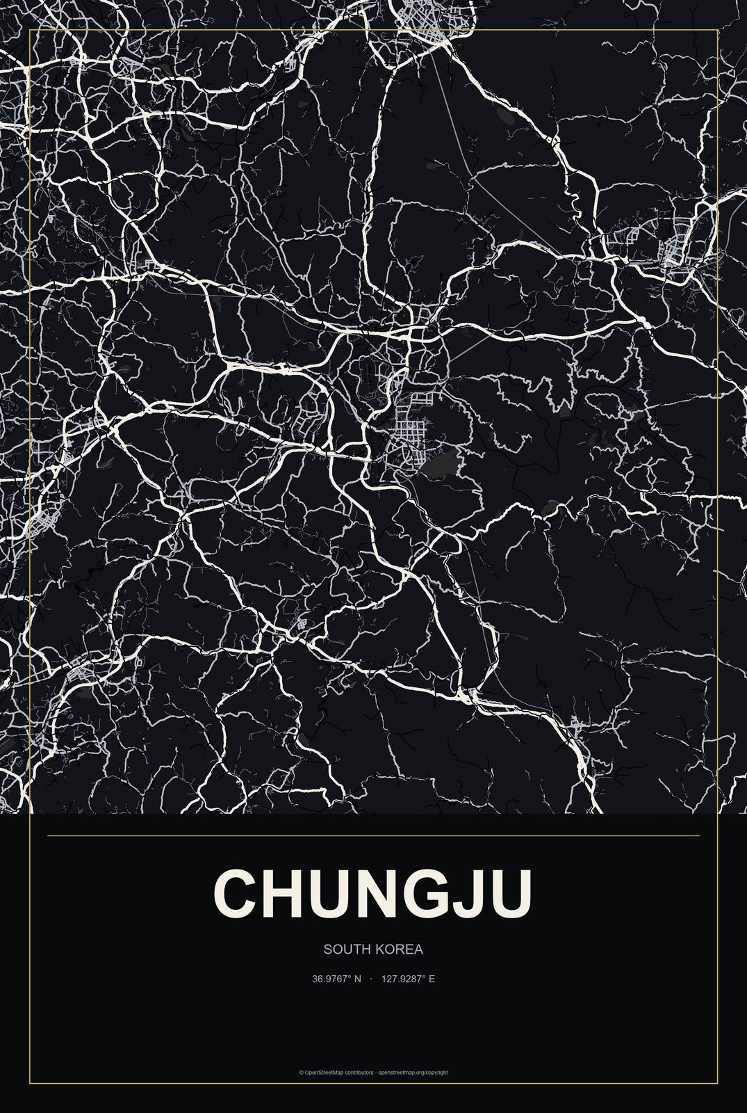 Chungju, South Korea City Map Aluminum Sign in Metropolitan Noir style