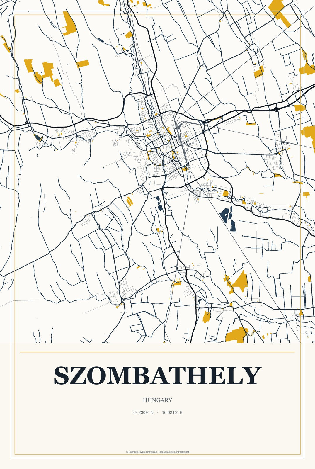 Szombathely, Hungary City Map Aluminum Sign in Citrine Modern style