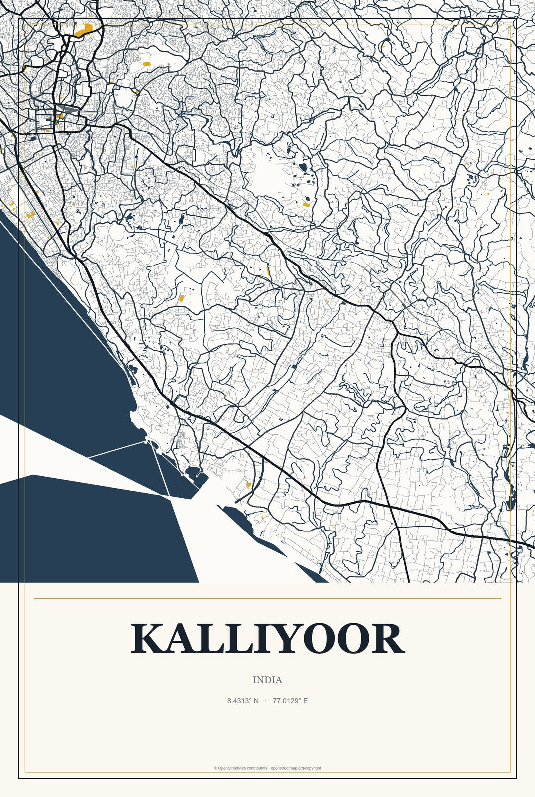 Kalliyoor, India City Map Aluminum Sign in Citrine Modern style