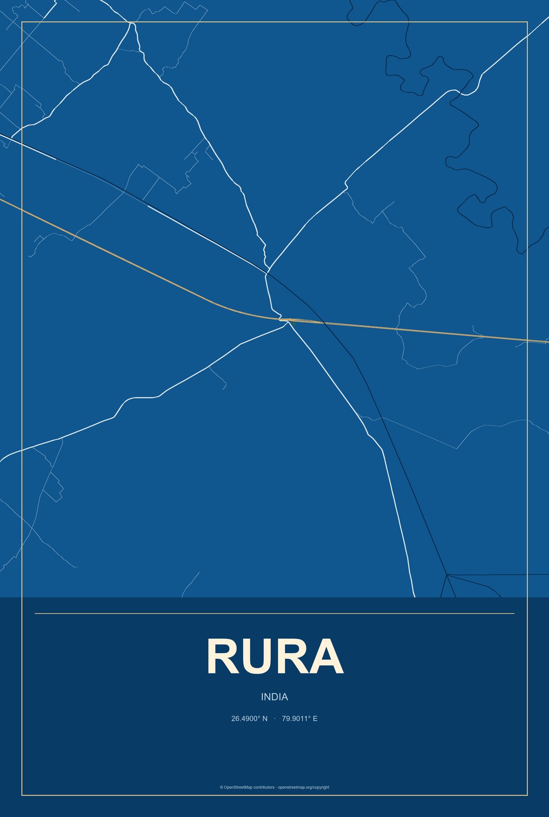 Rura, India City Map Aluminum Sign in Harbor Cobalt style