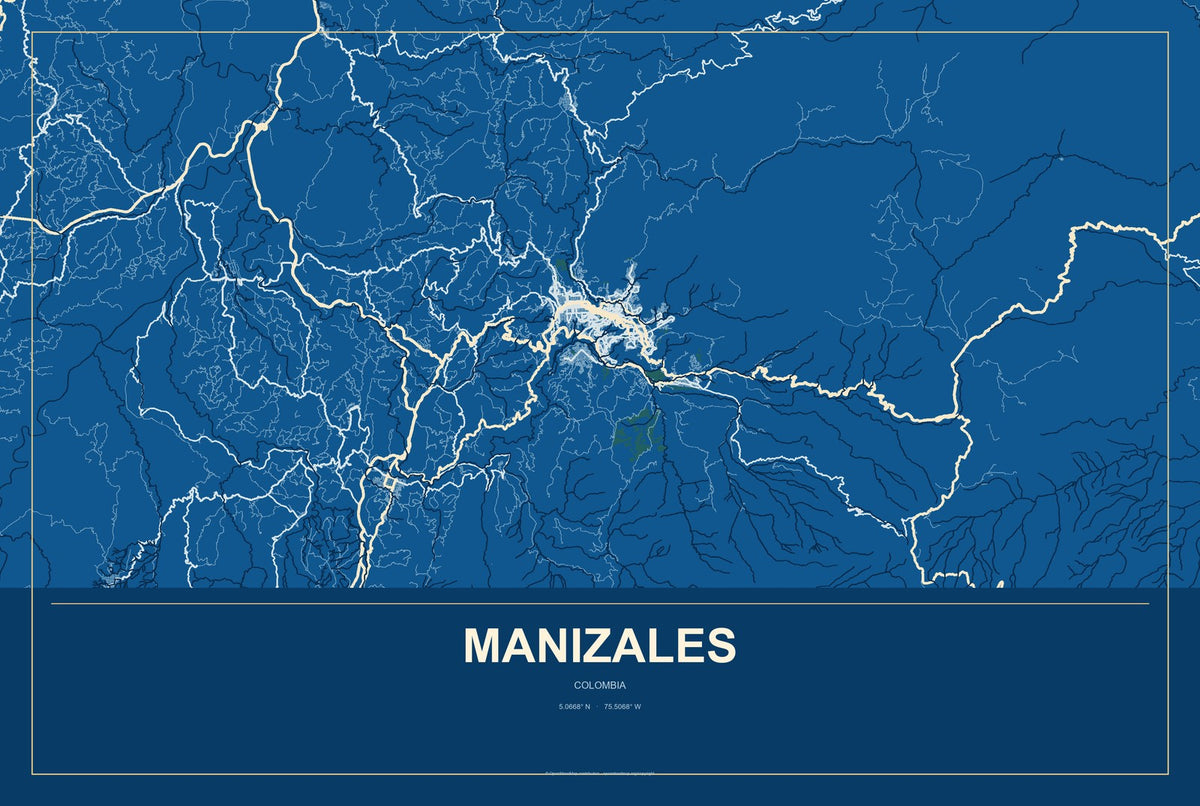 Manizales, Colombia City Map Aluminum Sign in Harbor Cobalt style
