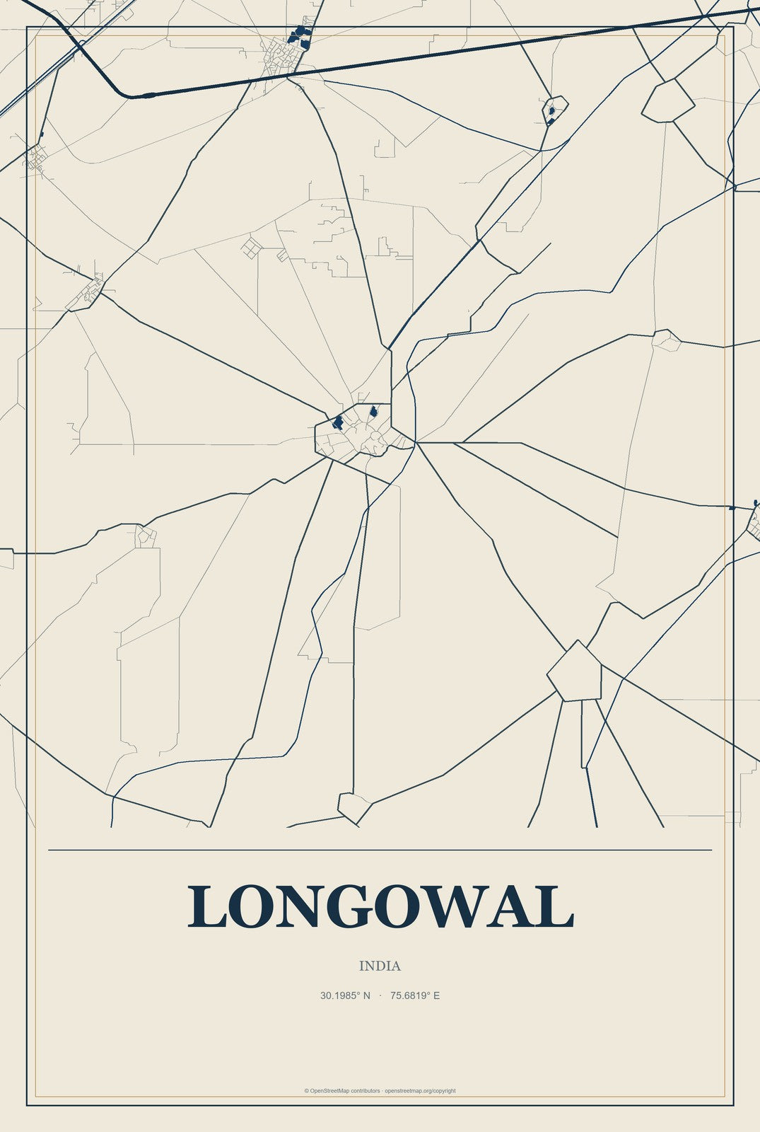 Longowal, India City Map Aluminum Sign in Coastal Cutout style
