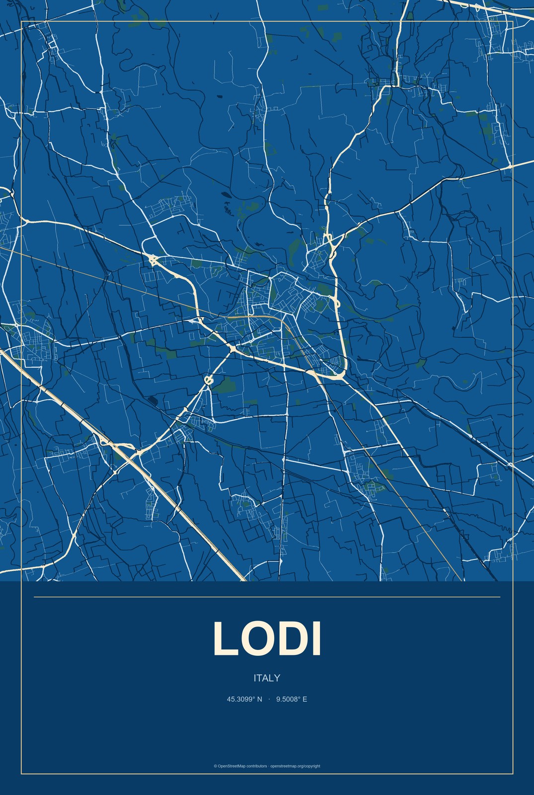Lodi, Italy City Map Aluminum Sign in Harbor Cobalt style