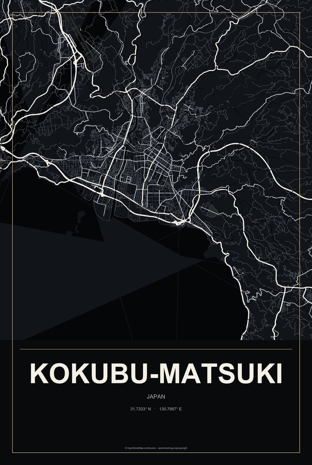 Kokubu-matsuki, Japan City Map Aluminum Sign in Metropolitan Noir style