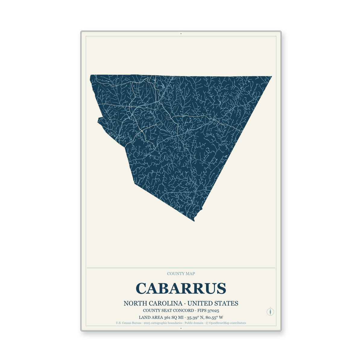 Cabarrus County, North Carolina Map Aluminum Sign in Coastal Cutout style