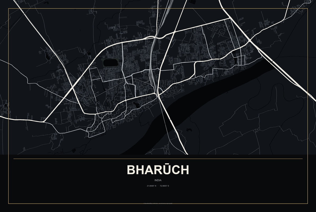 Bharūch, India City Map Aluminum Sign in Metropolitan Noir style
