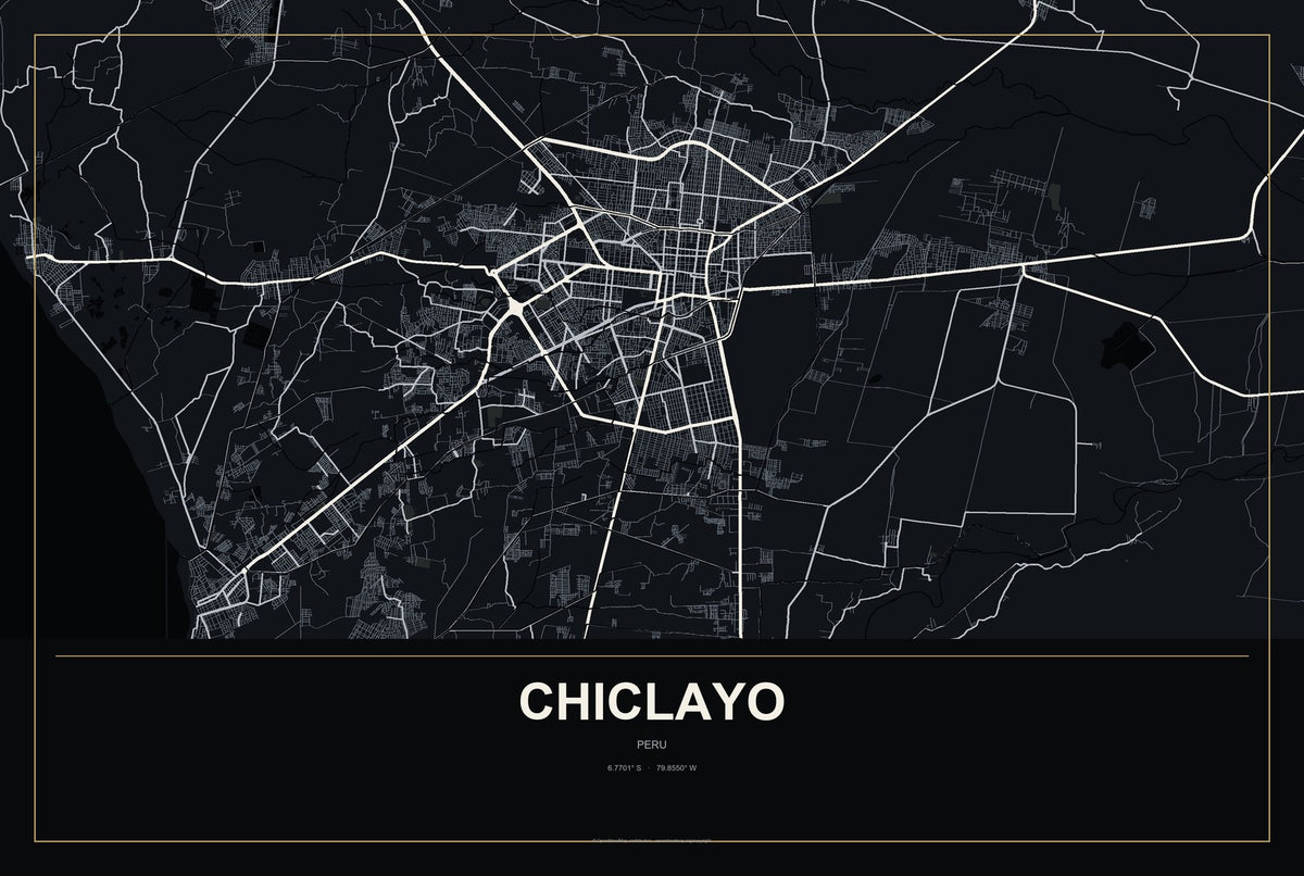 Chiclayo, Peru City Map Aluminum Sign in Metropolitan Noir style
