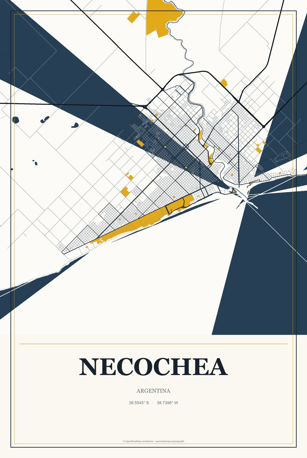 Necochea, Argentina City Map Aluminum Sign in Citrine Modern style