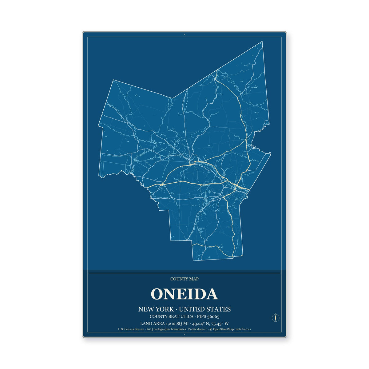Oneida County, New York Map Aluminum Sign in Harbor Cobalt style