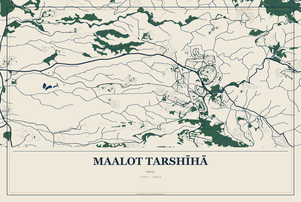 maalot Tarshīhā, Israel City Map Aluminum Sign in Coastal Cutout style