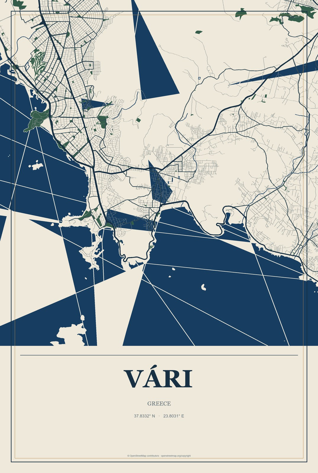 Vári, Greece City Map Aluminum Sign in Coastal Cutout style
