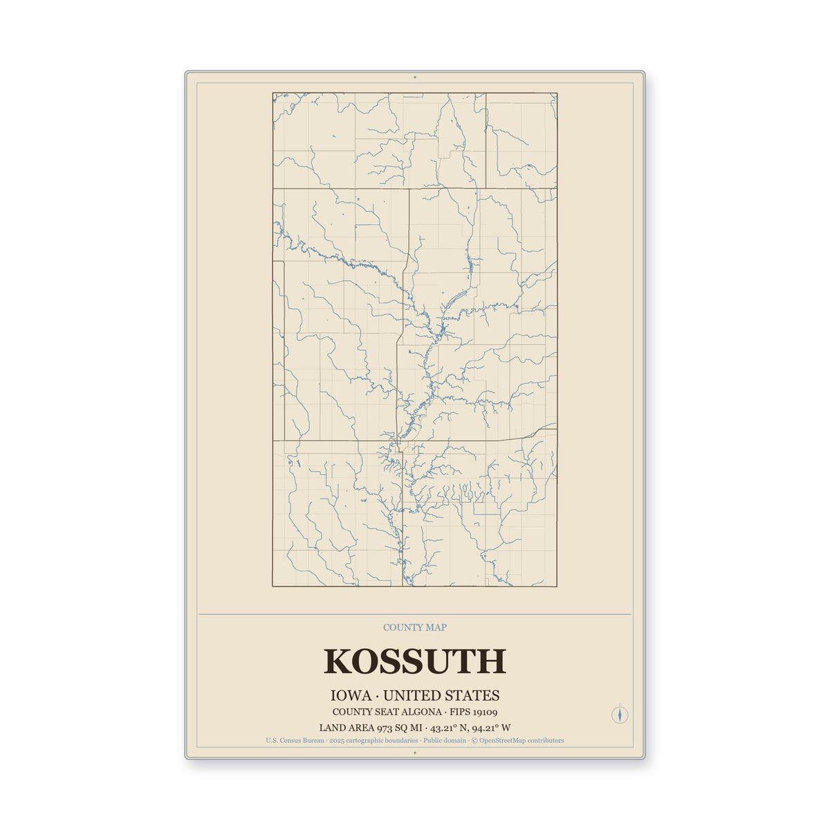 Kossuth County, Iowa Map Aluminum Sign in Heritage Nautical style