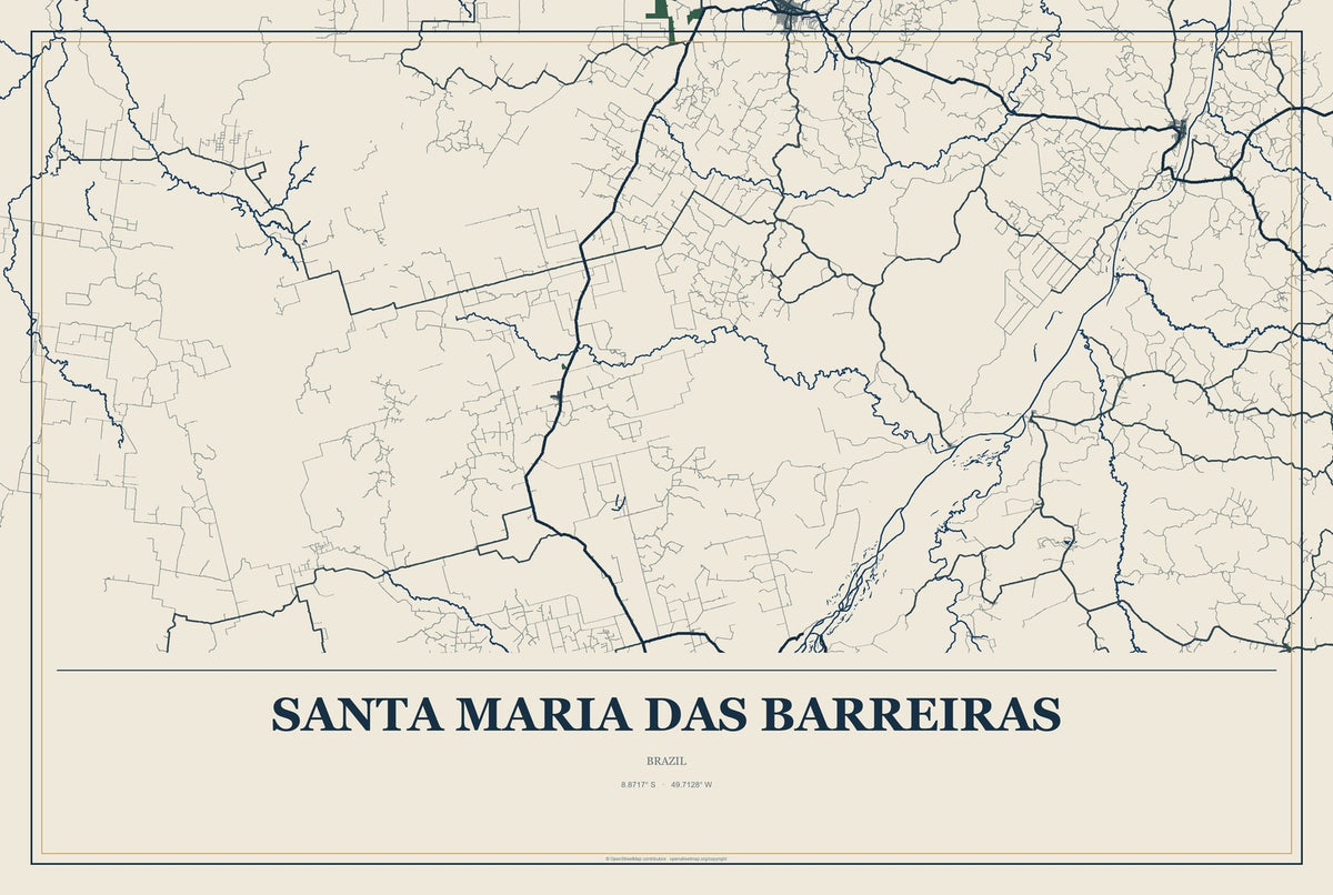 Santa Maria das Barreiras, Brazil City Map Aluminum Sign in Coastal Cutout style