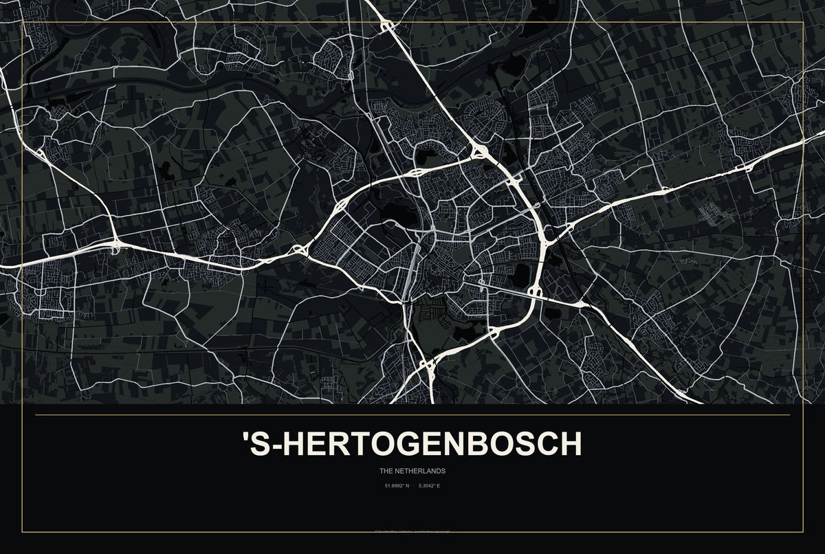 's-Hertogenbosch, The Netherlands City Map Aluminum Sign in Metropolitan Noir style