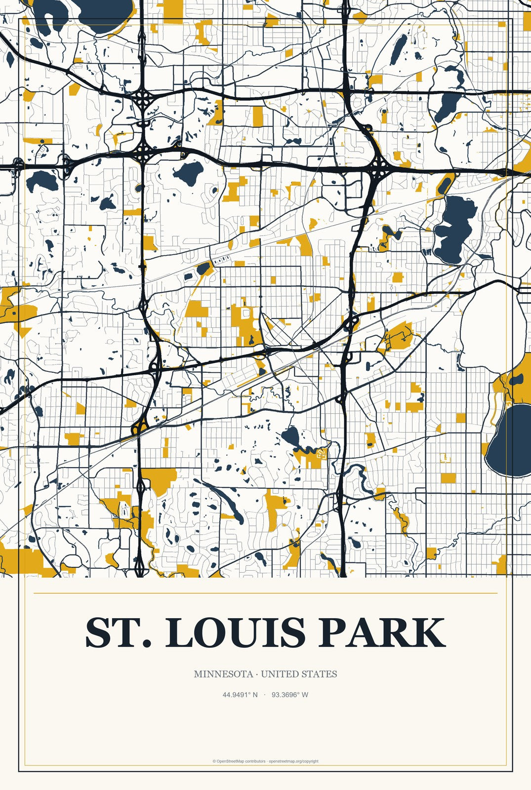 St. Louis Park, Minnesota City Map Aluminum Sign in Citrine Modern style