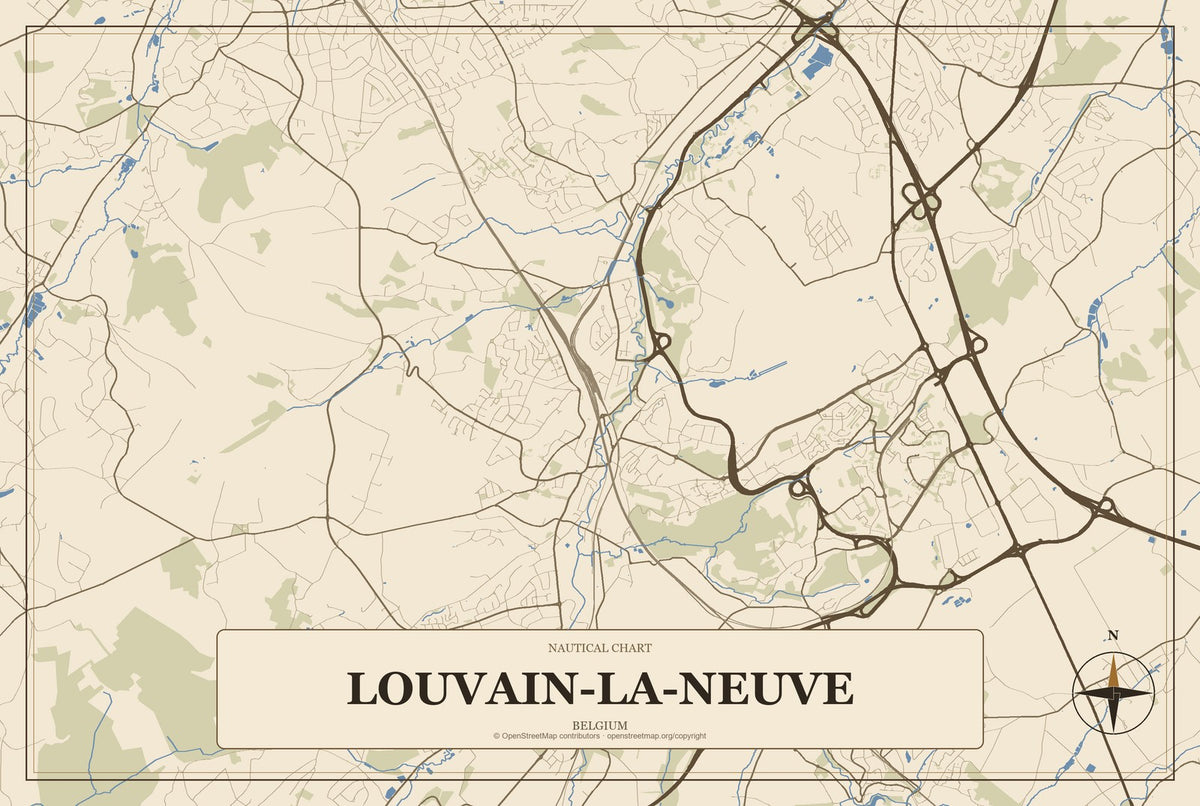 Louvain-la-Neuve, Belgium City Map Aluminum Sign in Heritage Nautical style