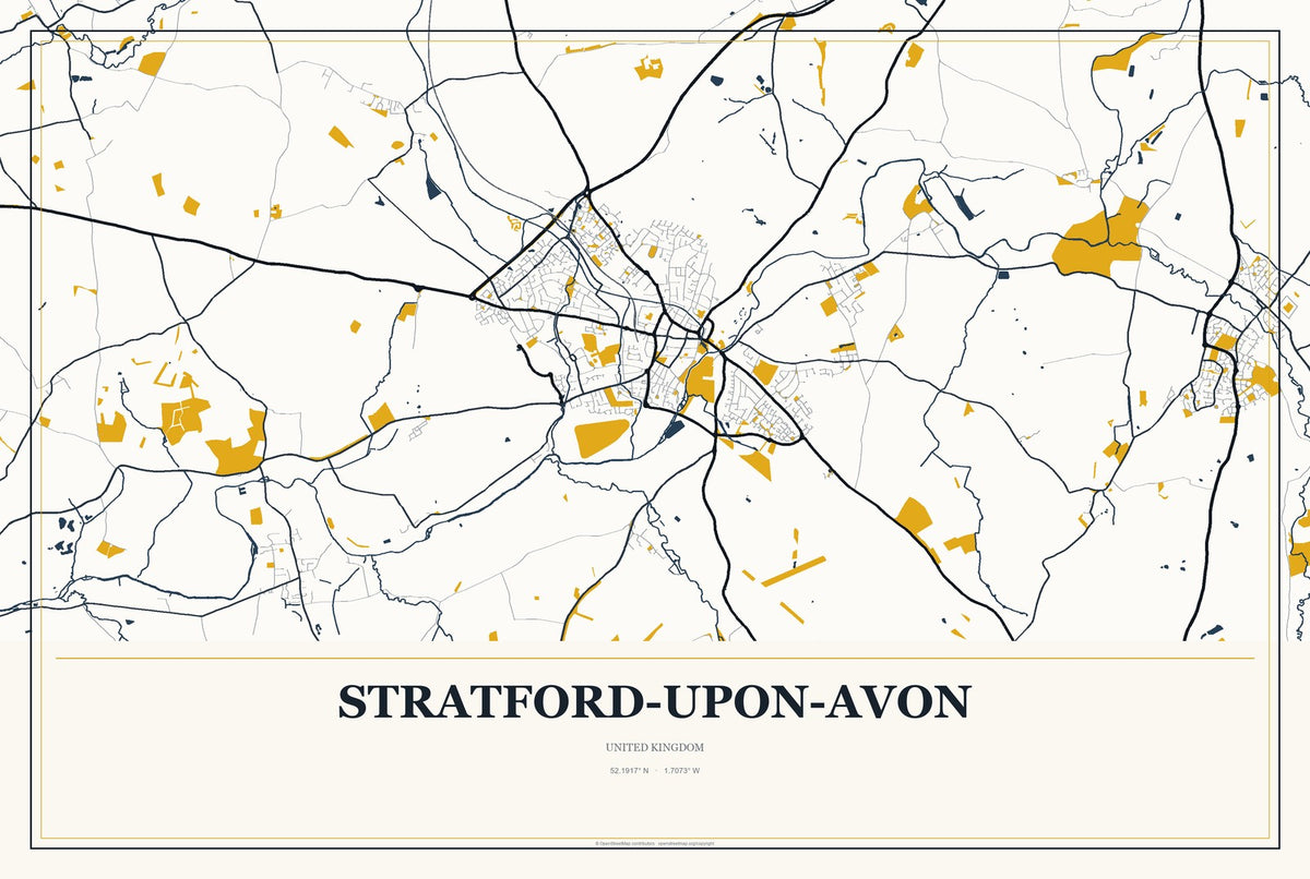 Stratford-upon-Avon, United Kingdom City Map Aluminum Sign in Citrine Modern style