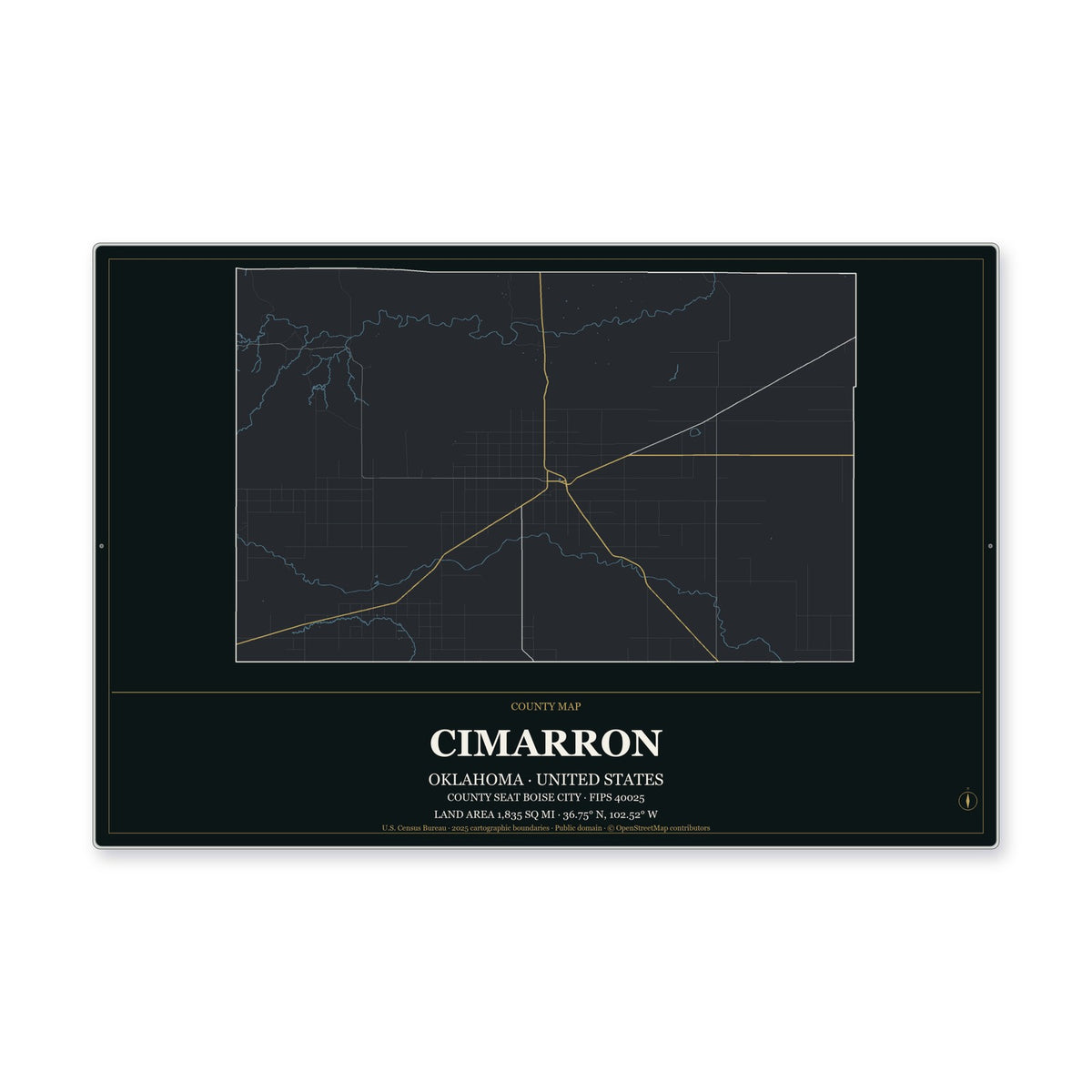 Cimarron County, Oklahoma Map Aluminum Sign in Metropolitan Noir style