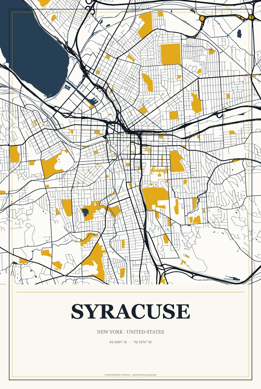 Syracuse, New York City Map Aluminum Sign in Citrine Modern style