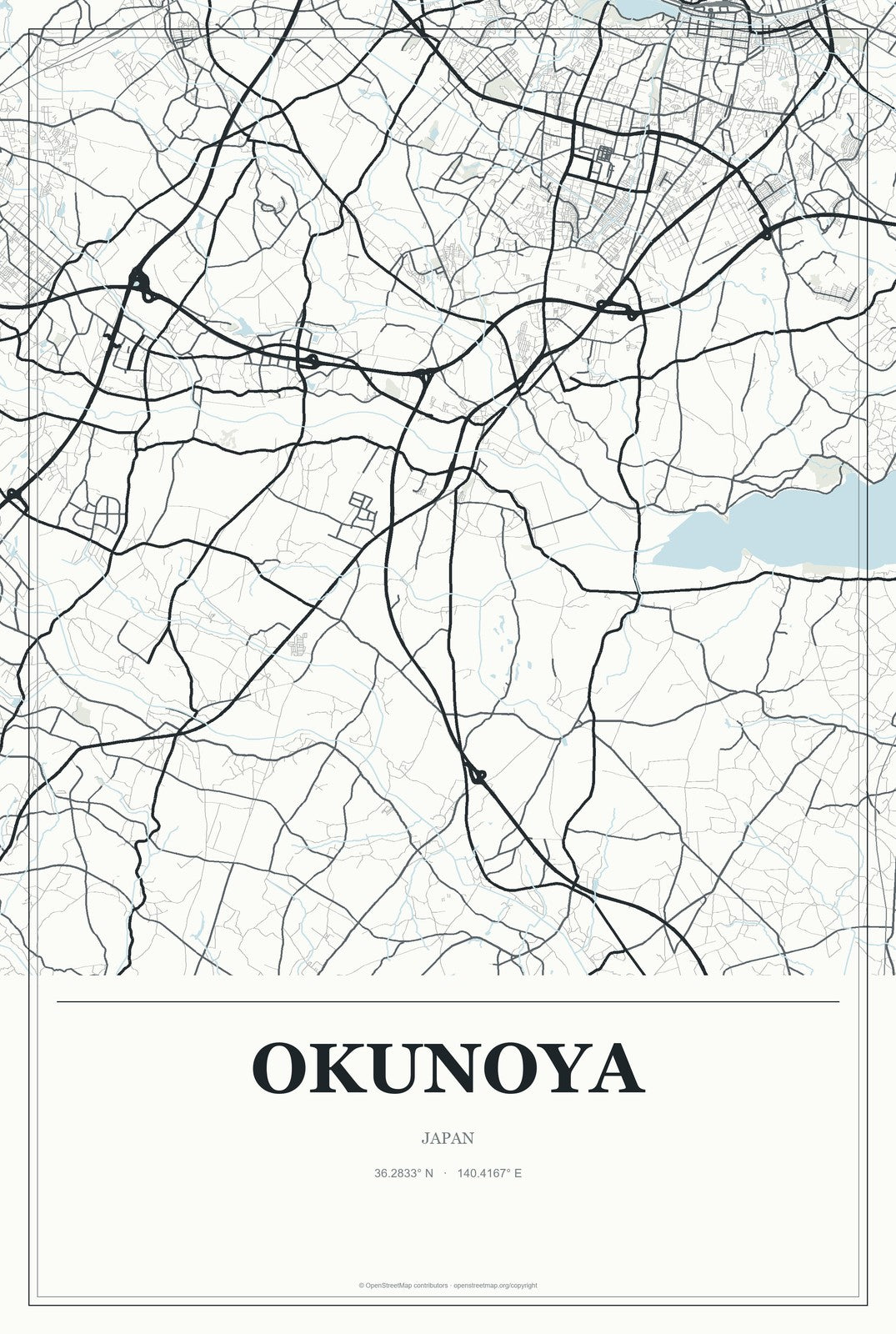 Okunoya, Japan City Map Aluminum Sign in Gallery Air style
