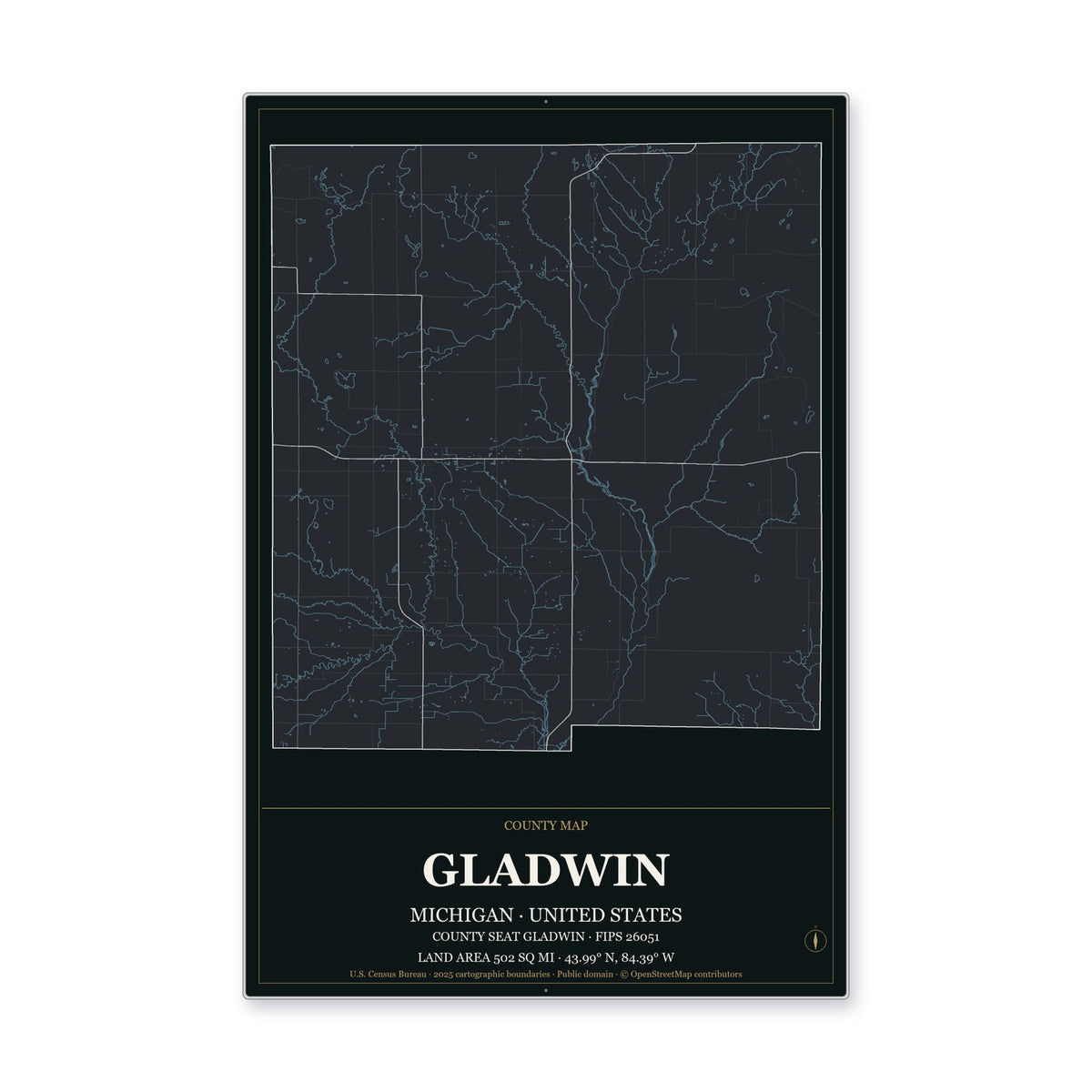 Gladwin County, Michigan Map Aluminum Sign in Metropolitan Noir style