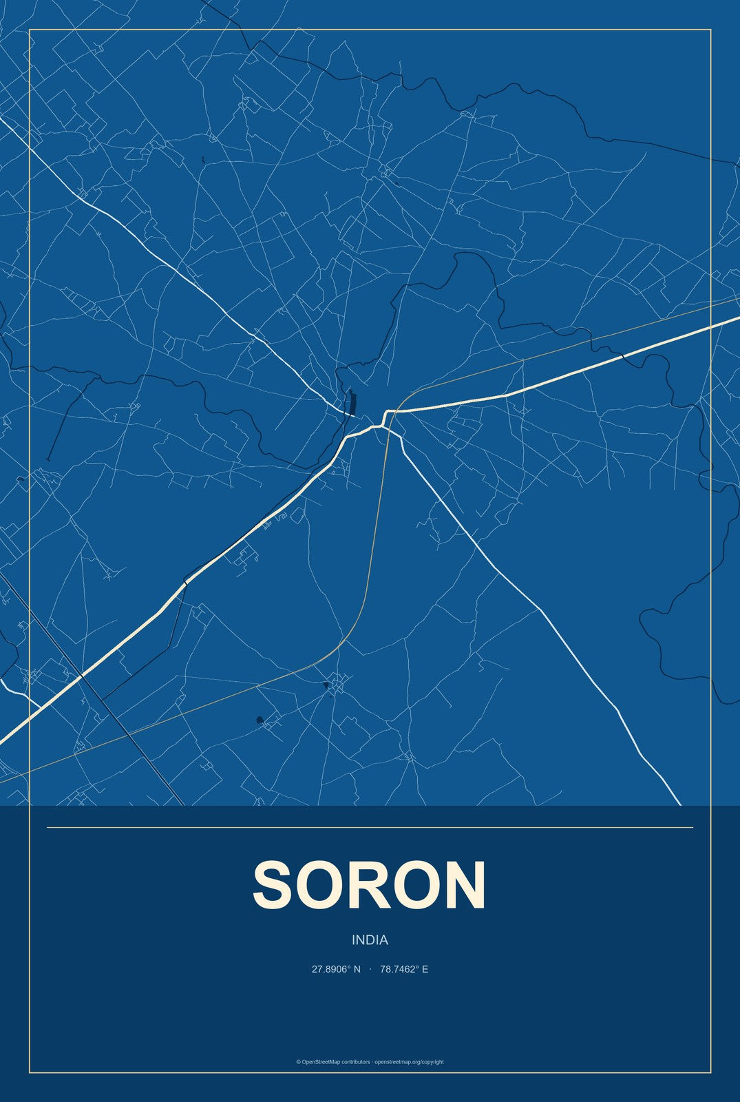 Soron, India City Map Aluminum Sign in Harbor Cobalt style