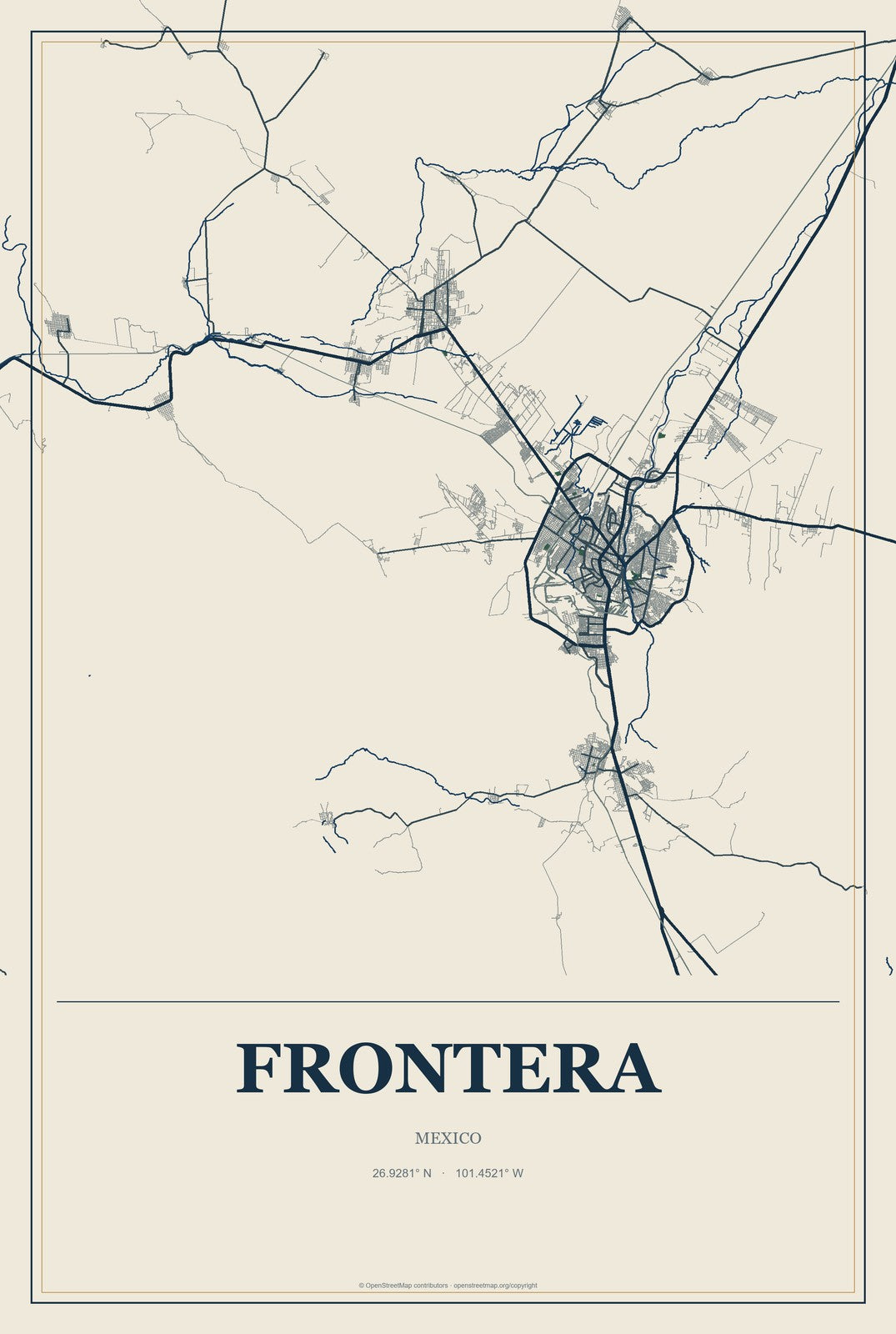 Frontera, Coahuila, Mexico City Map Aluminum Sign in Coastal Cutout style