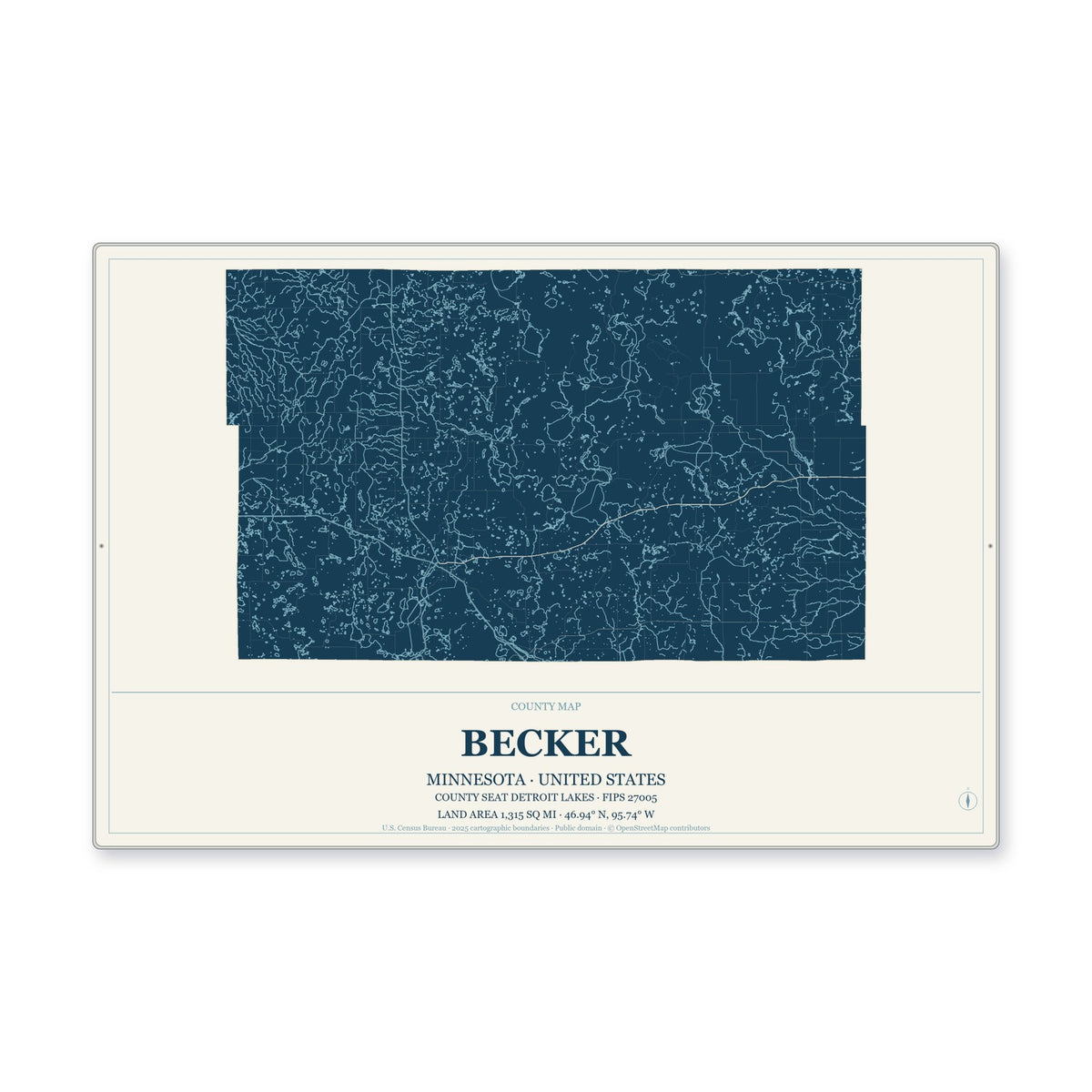 Becker County, Minnesota Map Aluminum Sign in Coastal Cutout style