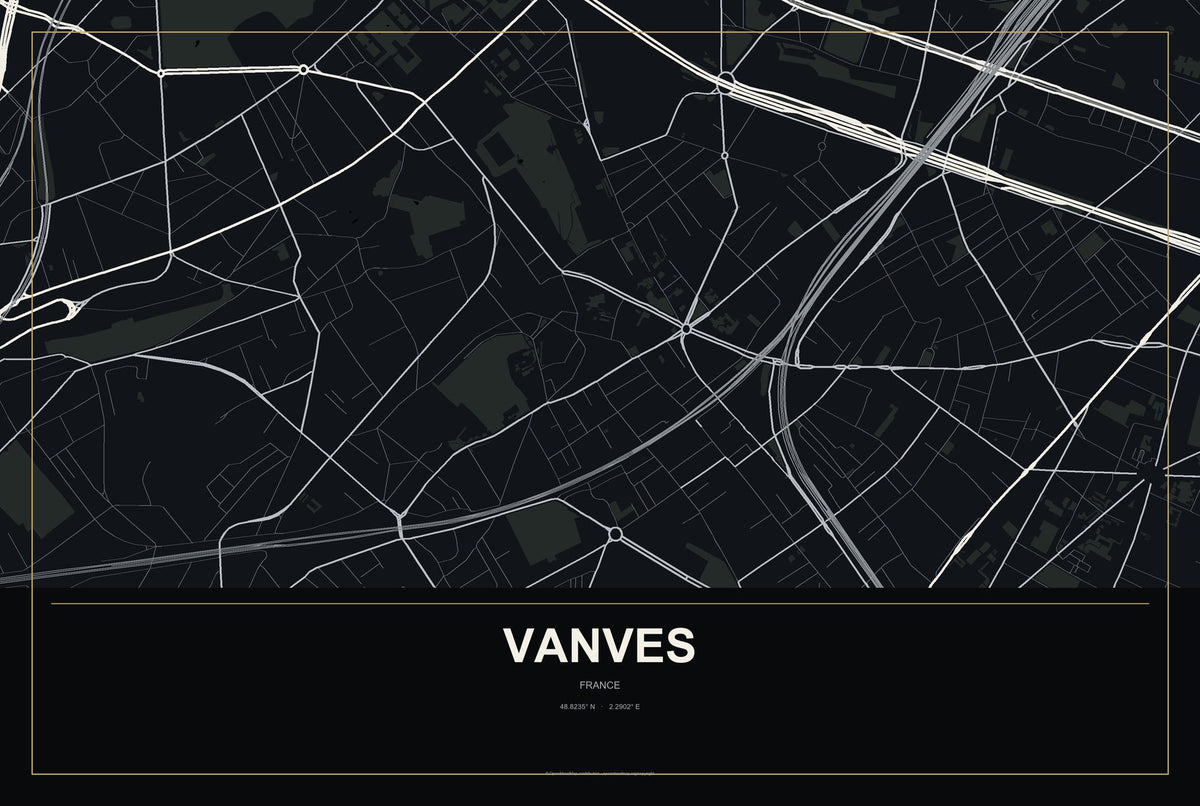 Vanves, France City Map Aluminum Sign in Metropolitan Noir style