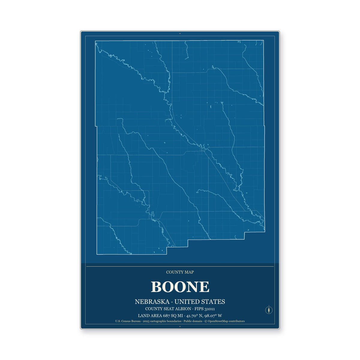 Boone County, Nebraska Map Aluminum Sign in Harbor Cobalt style