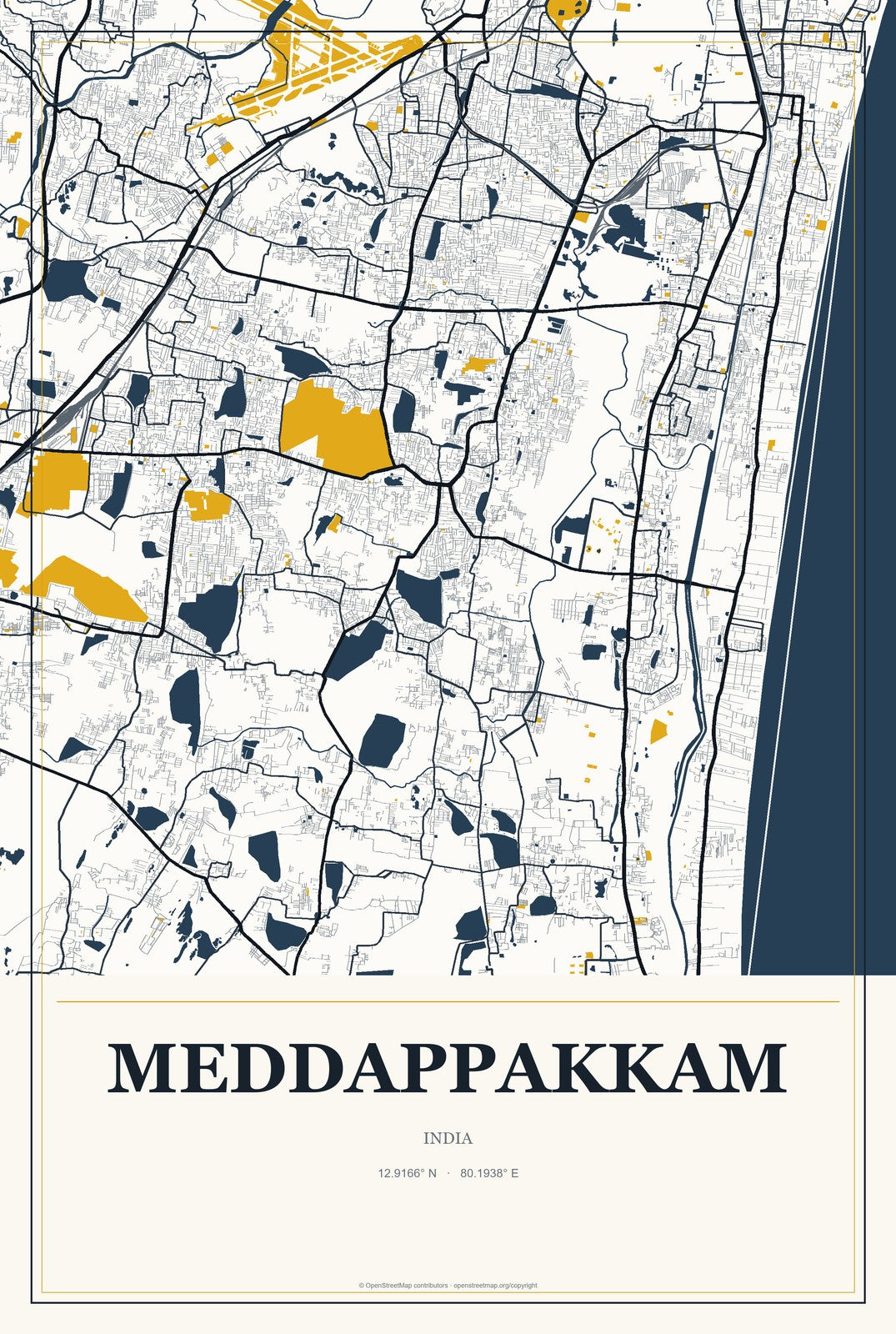 Meddappakkam, India City Map Aluminum Sign in Citrine Modern style
