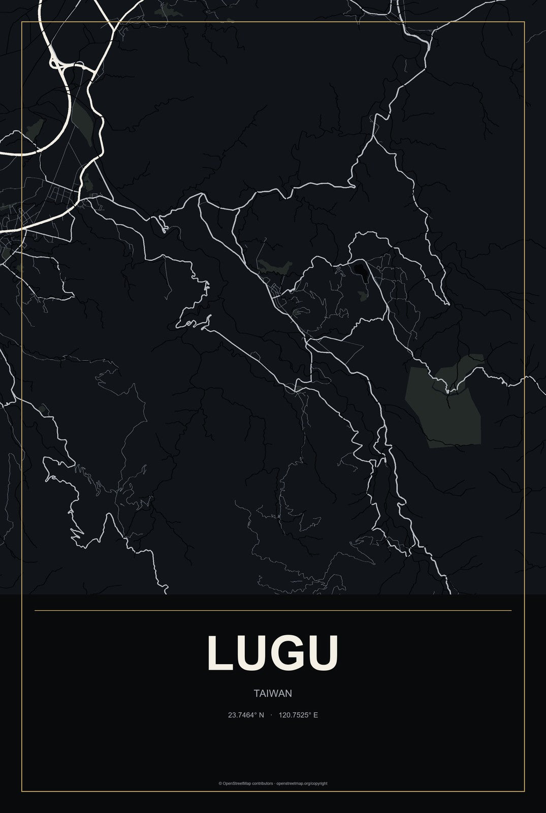 Lugu, Taiwan City Map Aluminum Sign in Metropolitan Noir style