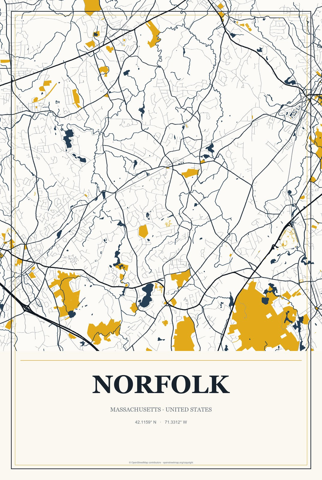 Norfolk, Massachusetts City Map Aluminum Sign in Citrine Modern style