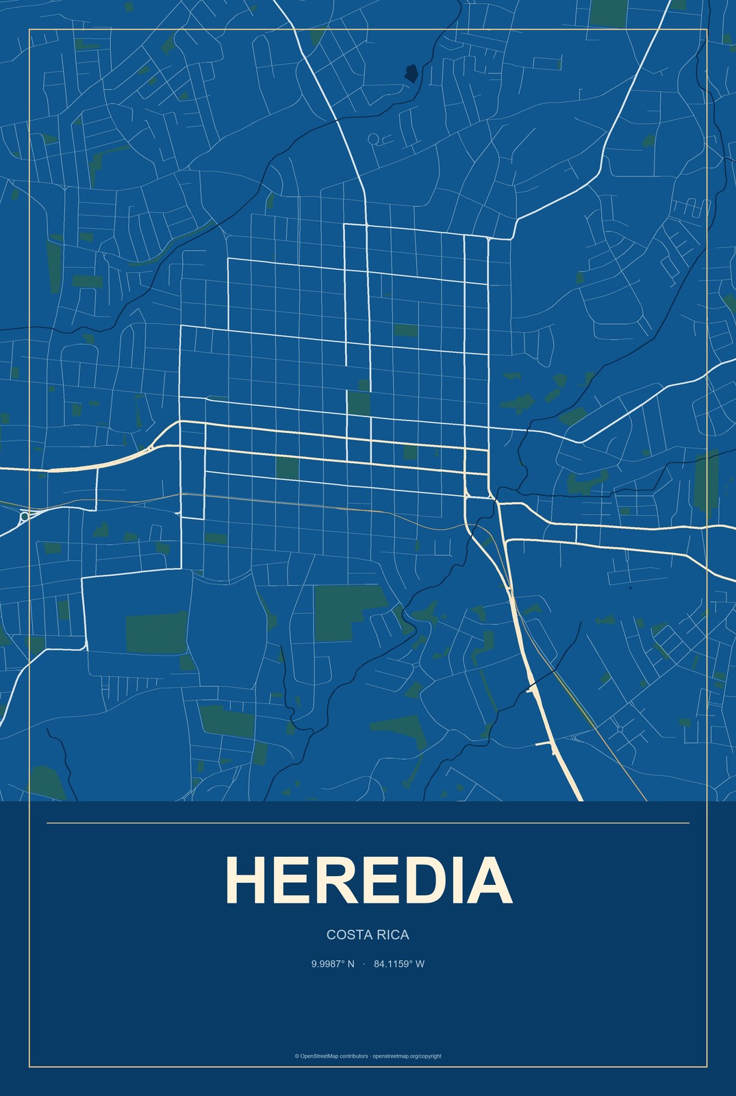 Heredia, Costa Rica City Map Aluminum Sign in Harbor Cobalt style