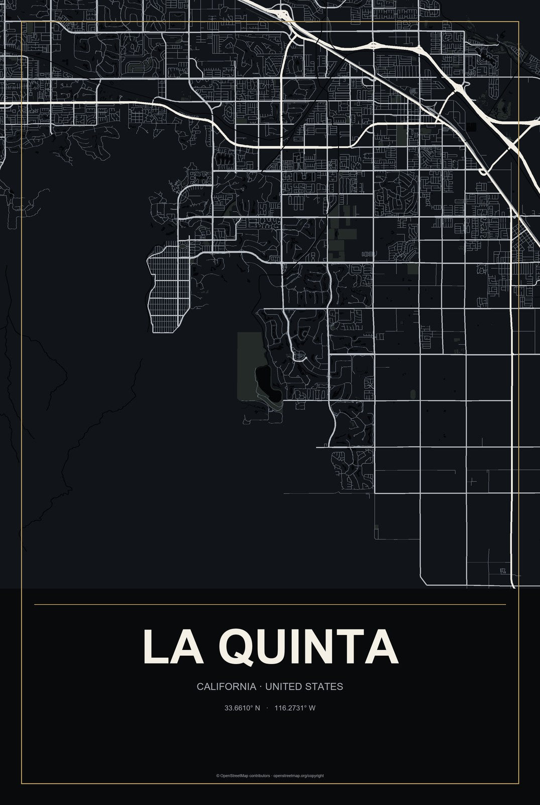 La Quinta, California City Map Aluminum Sign in Metropolitan Noir style