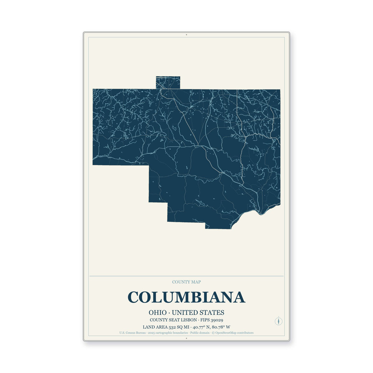 Columbiana County, Ohio Map Aluminum Sign in Coastal Cutout style