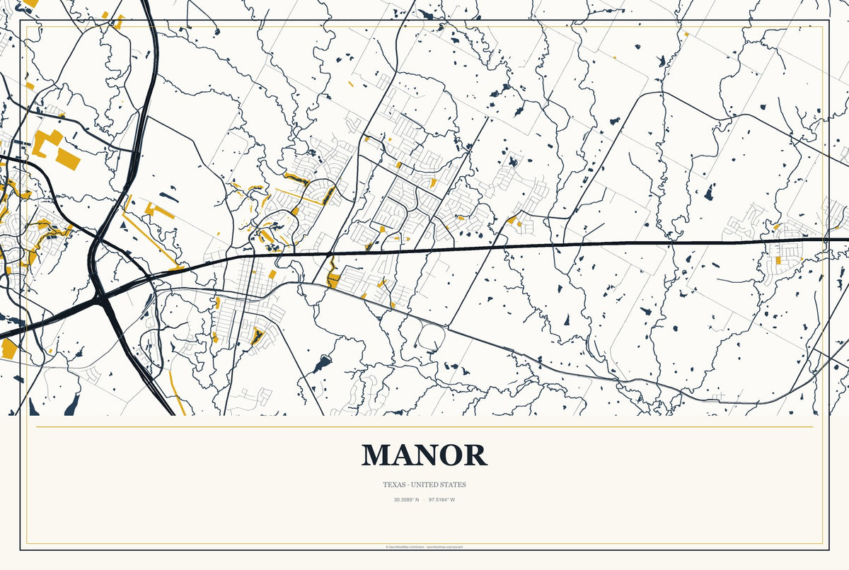 Manor, Texas City Map Aluminum Sign in Citrine Modern style