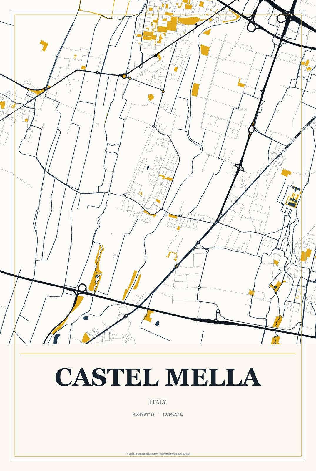 Castel Mella, Italy City Map Aluminum Sign in Citrine Modern style