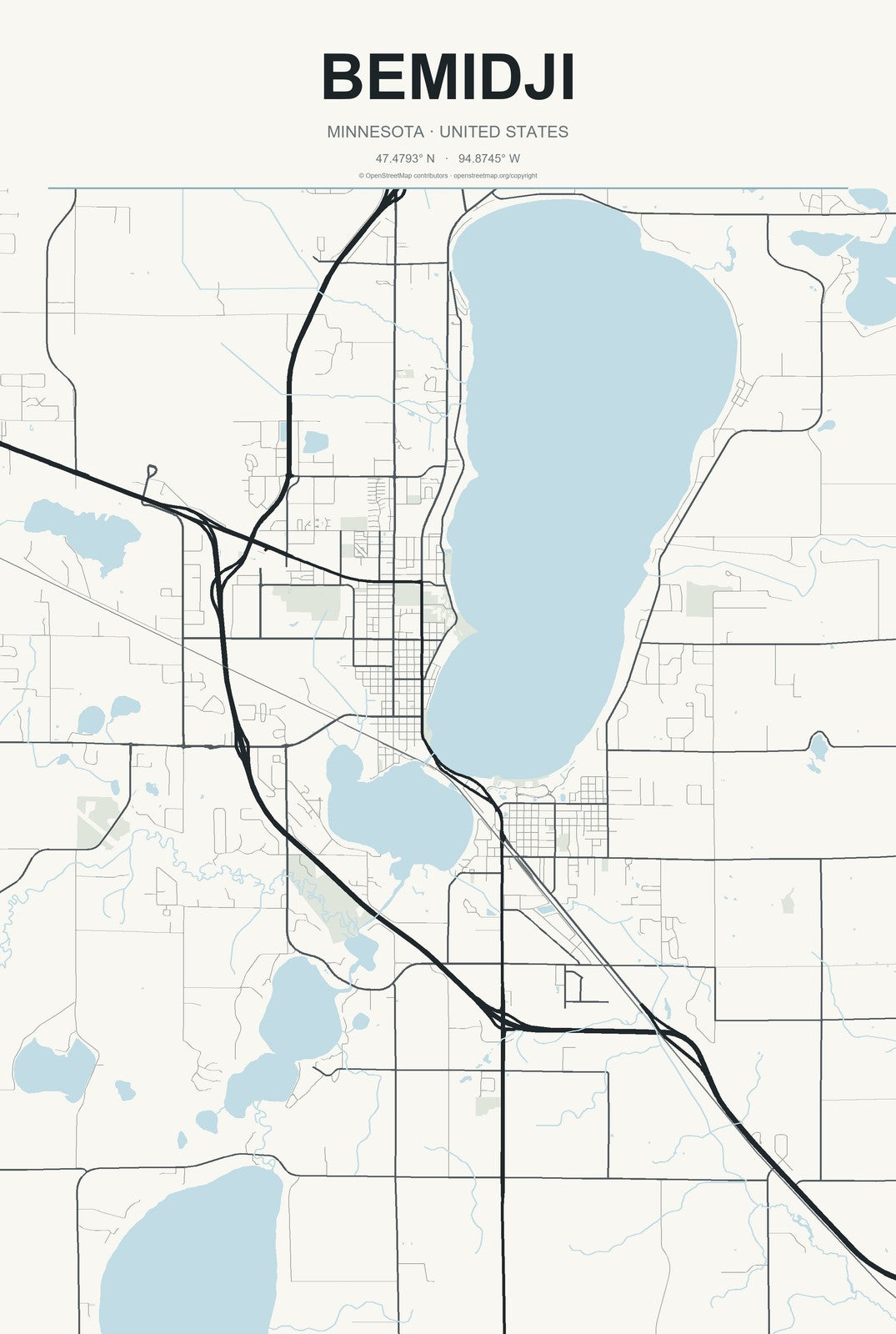Bemidji, Minnesota City Map Aluminum Sign in Headline Atlas style
