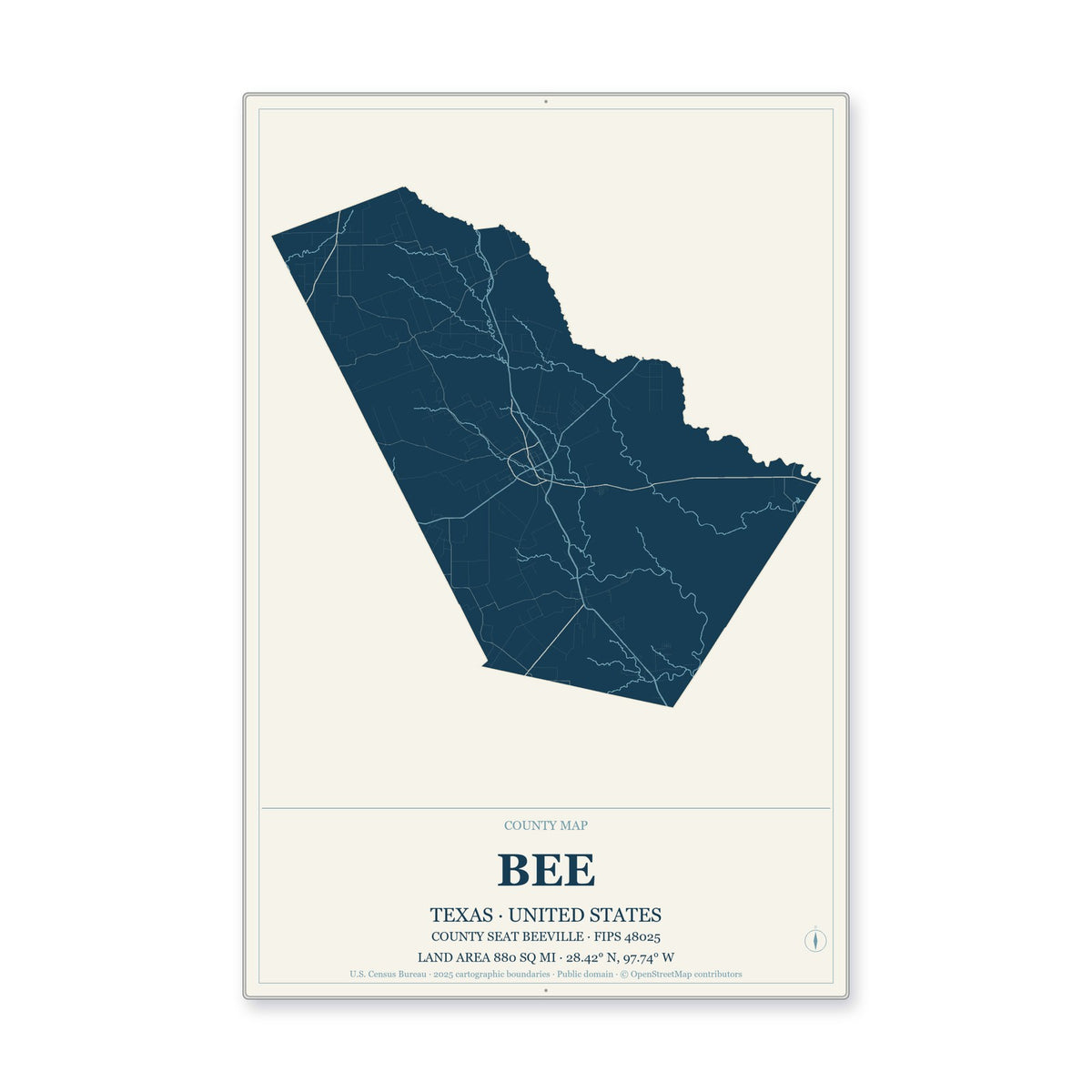 Bee County, Texas Map Aluminum Sign in Coastal Cutout style