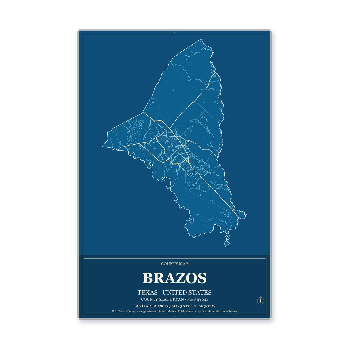 Brazos County, Texas Map Aluminum Sign in Harbor Cobalt style